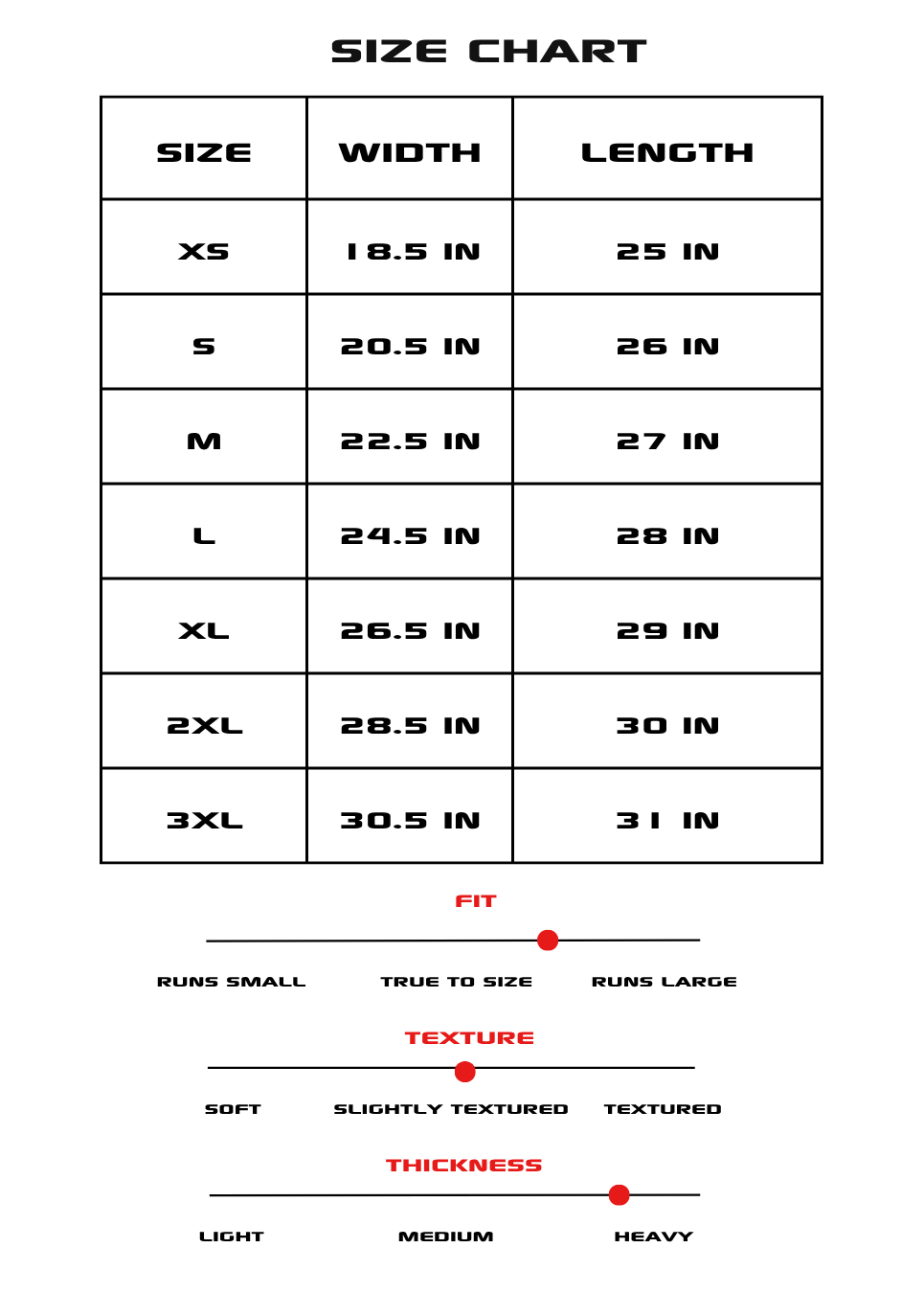 Size chart for clothing with dimensions in inches